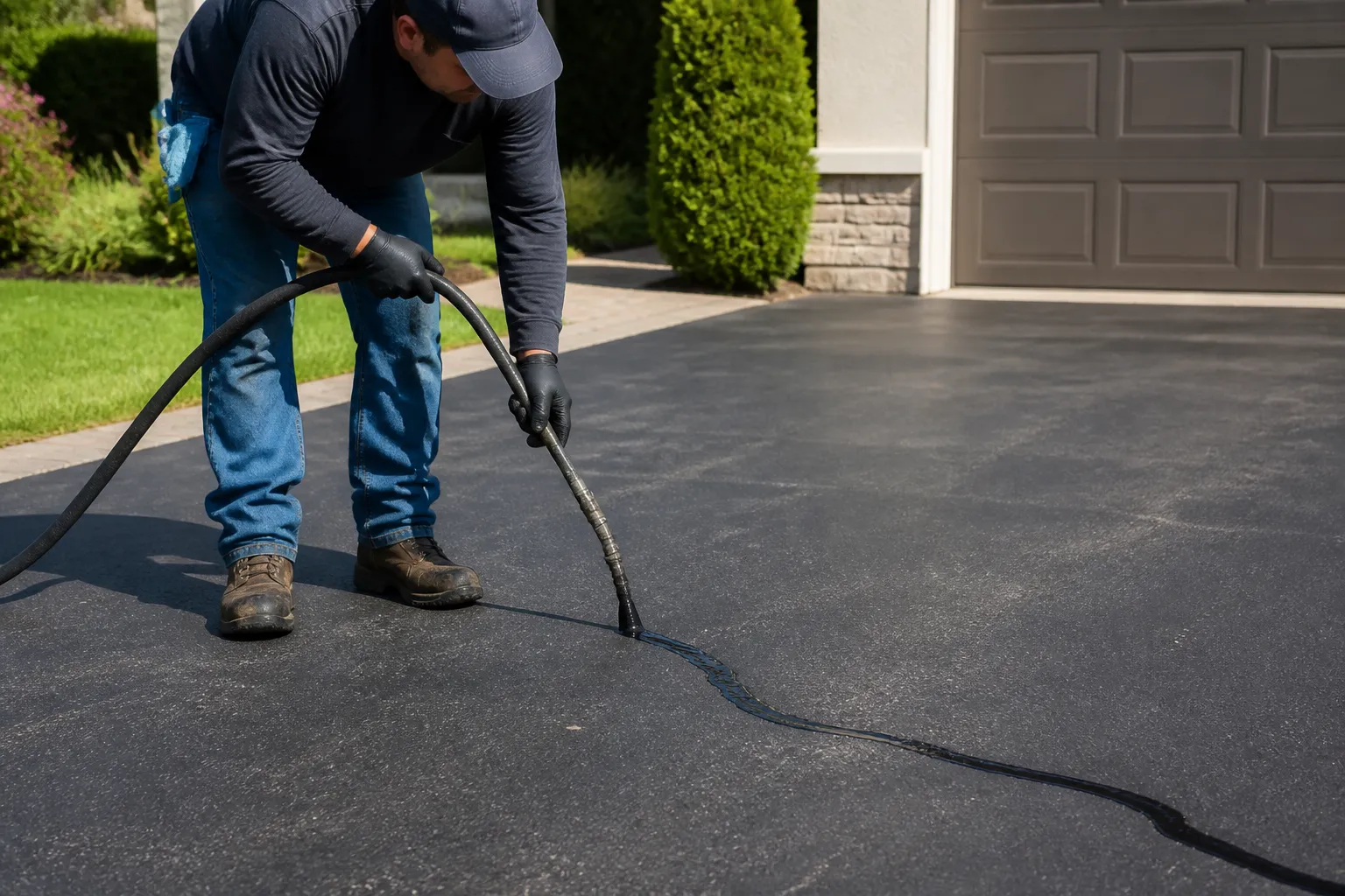 Worker filling cracks in asphalt pavement