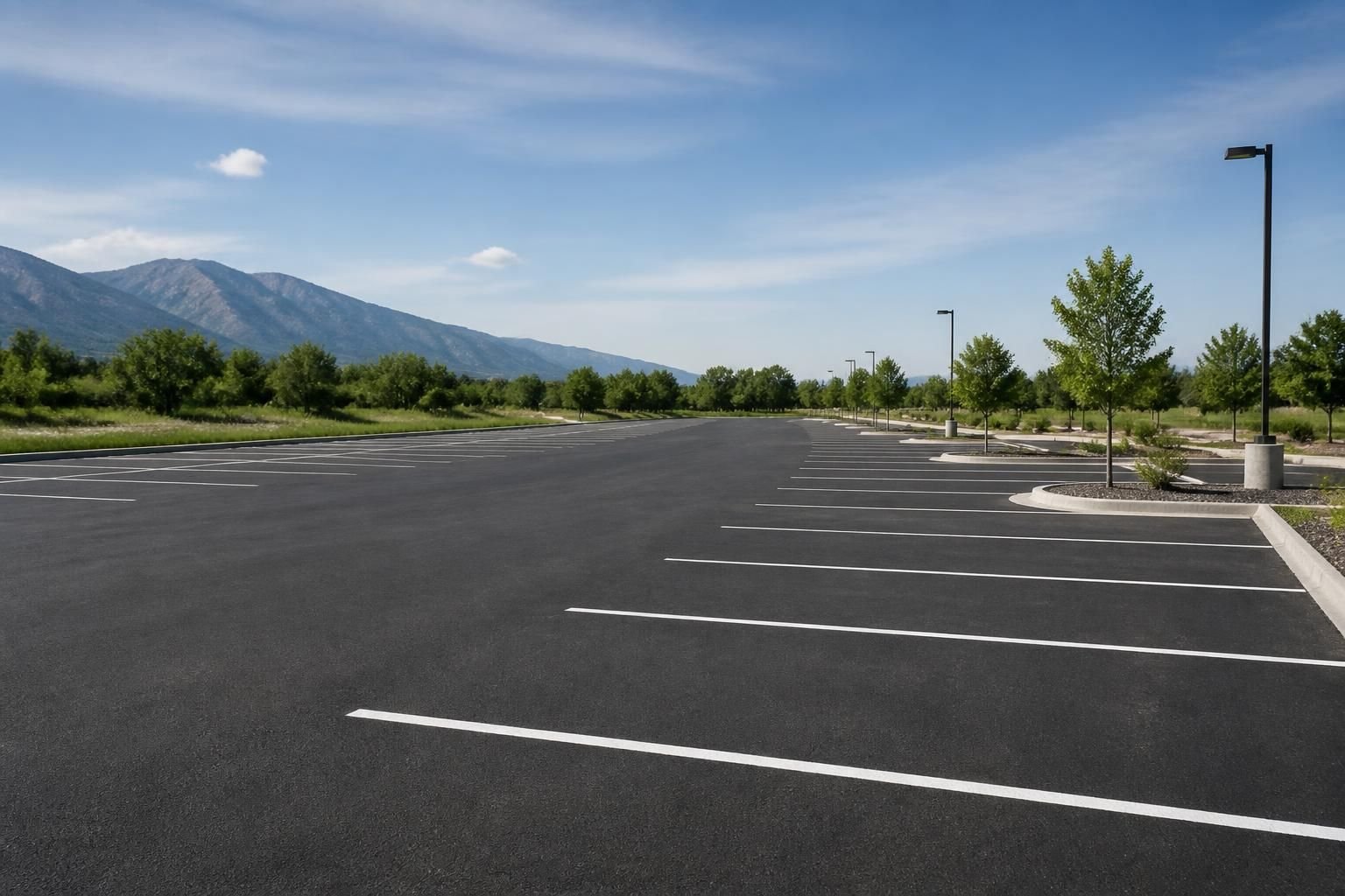 Finished asphalt parking lot with open space and crisp striping