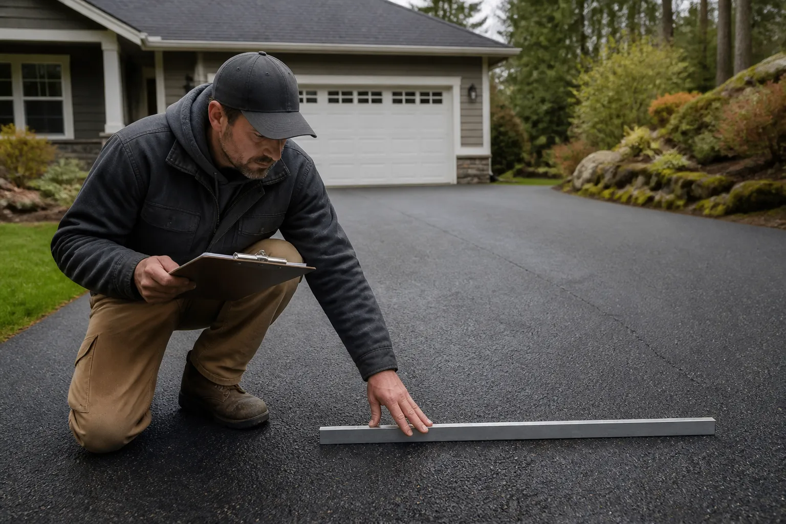 Contractor inspecting a residential asphalt driveway