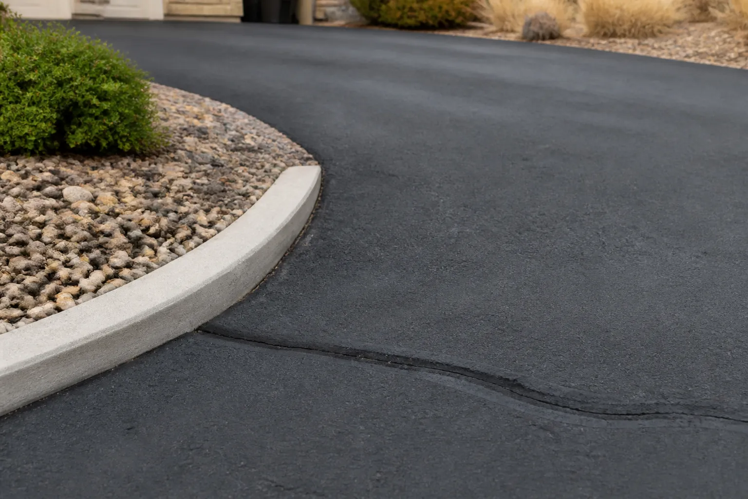 Small repaired crack in an asphalt driveway