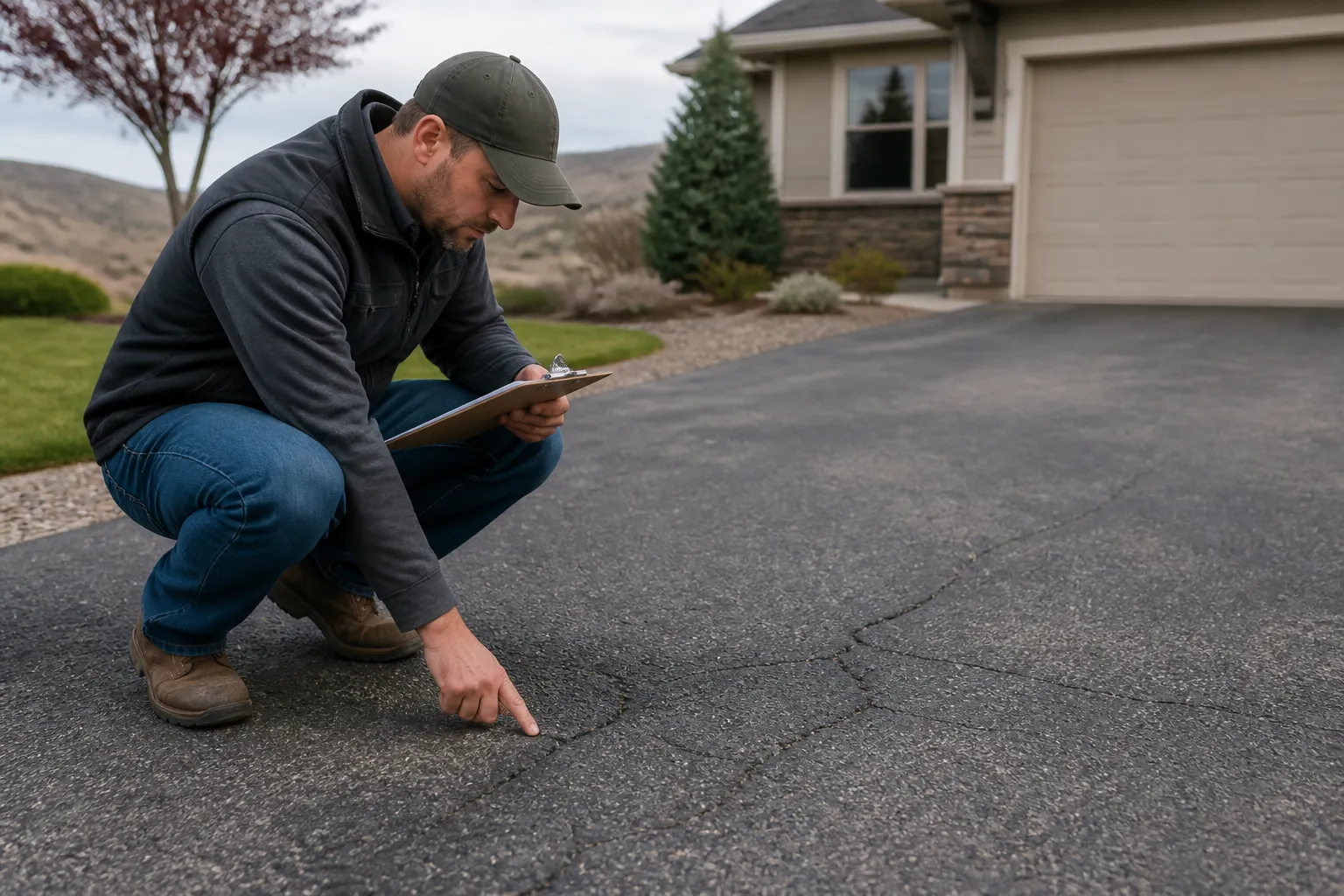 Contractor inspecting driveway surface wear