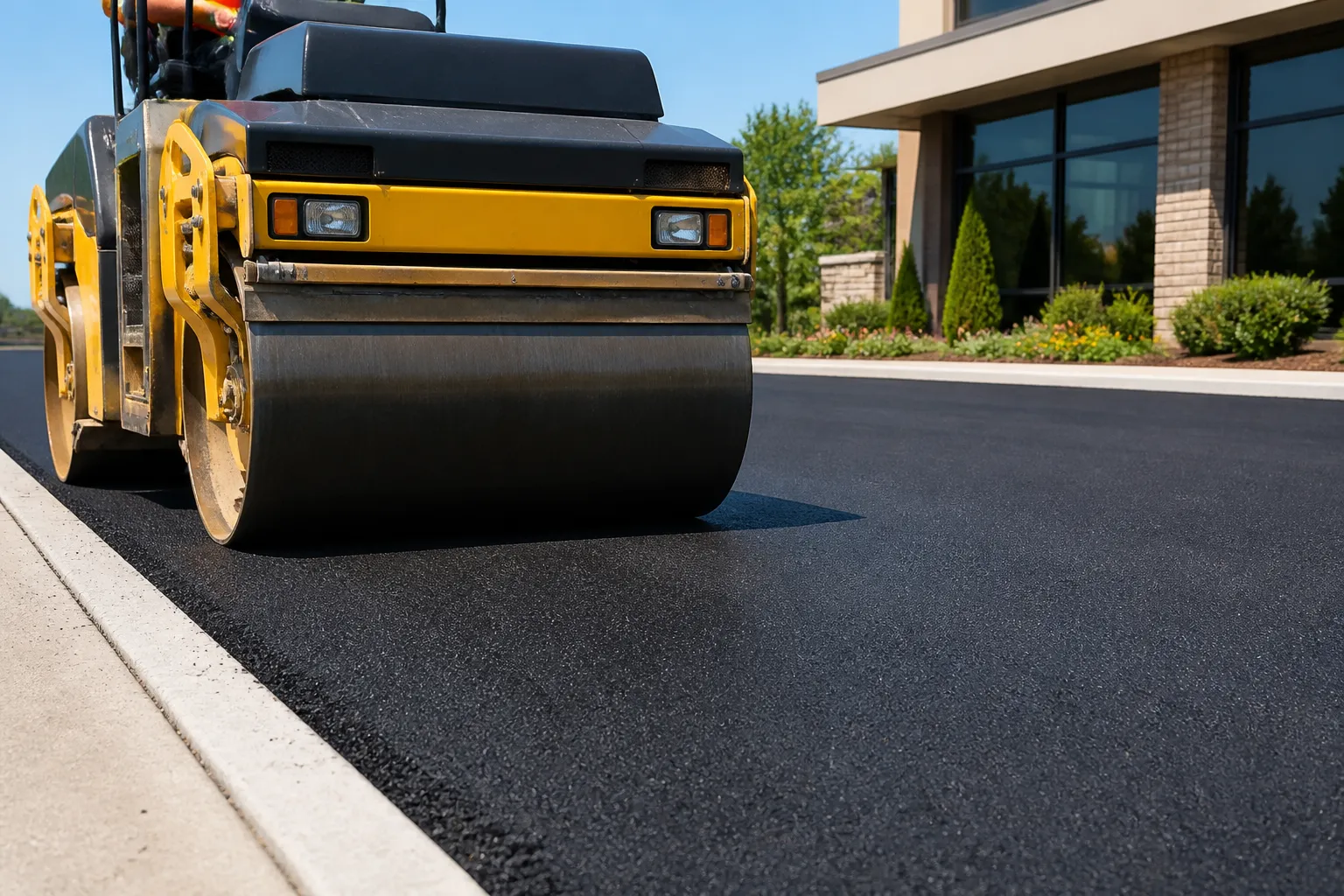 Fresh asphalt overlay being compacted