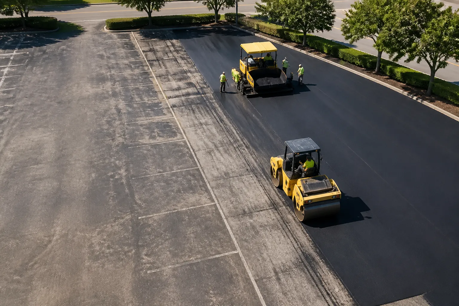 Fresh asphalt overlay being placed in a parking lot