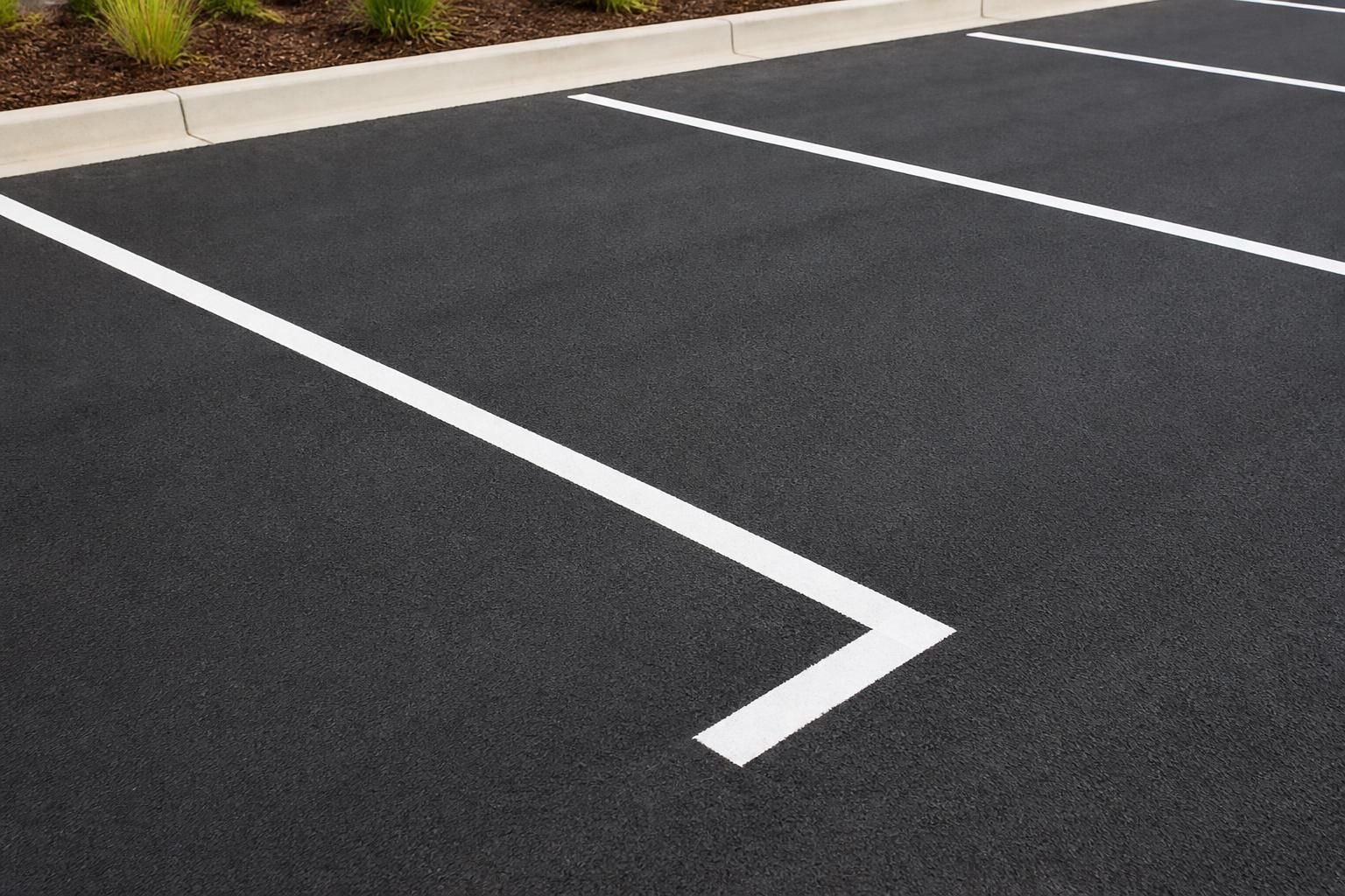 Crisp white striping on a finished asphalt lot