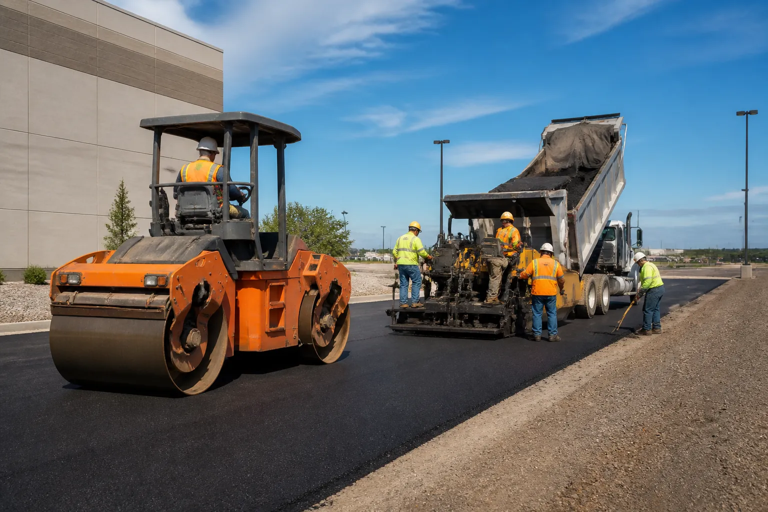 Paving crew installing asphalt in a commercial lot