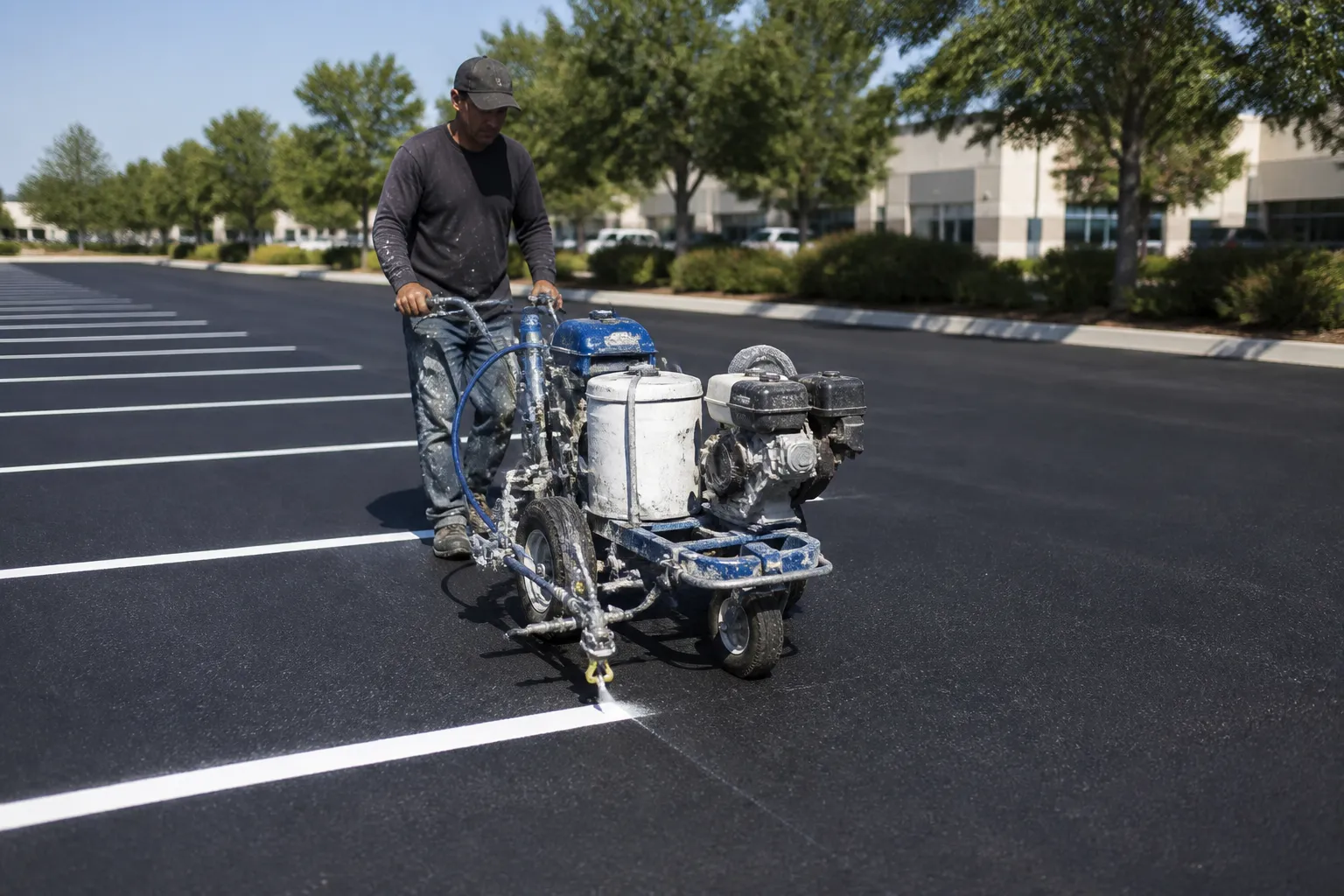 Worker applying parking lot striping