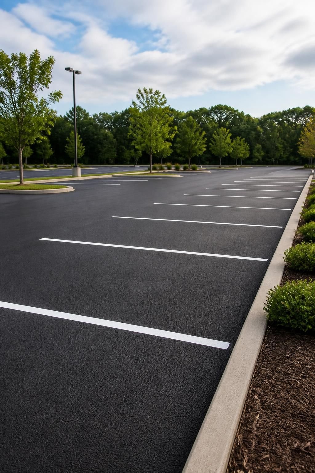 Newly resurfaced parking lot with clean painted striping
