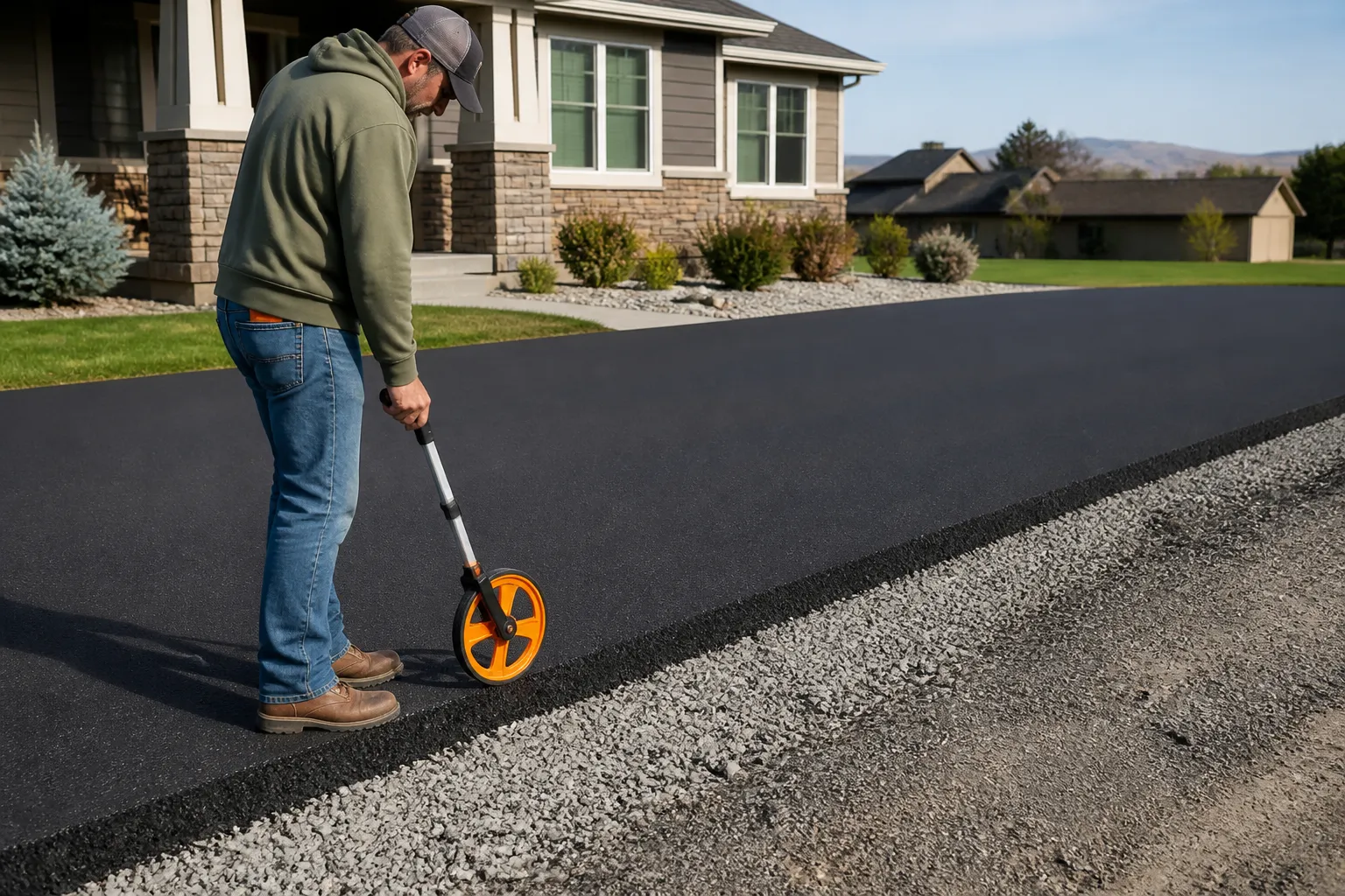 Contractor measuring a residential driveway before paving
