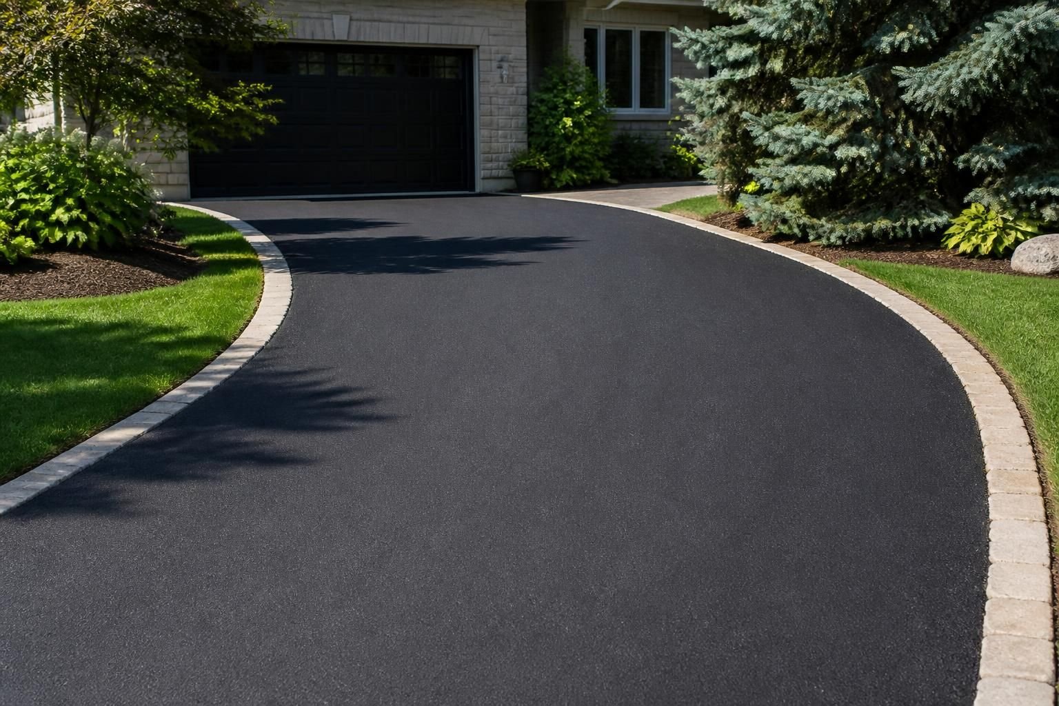 Newly paved residential driveway with smooth dark asphalt