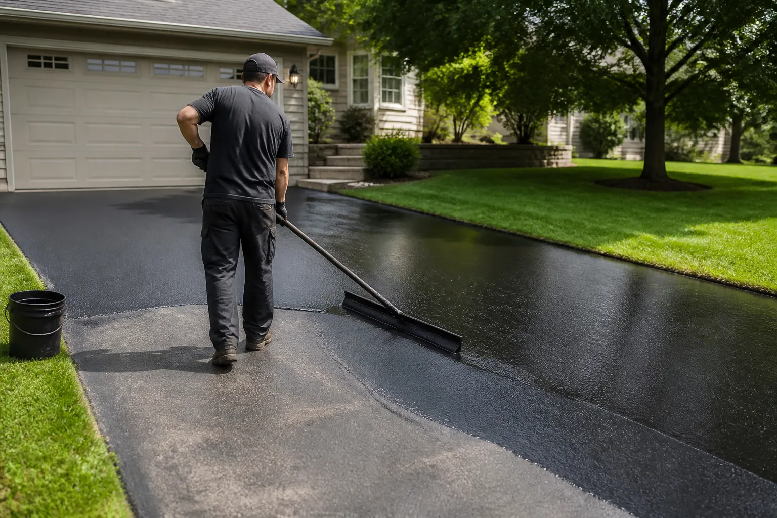 Contractor applying sealcoat to a driveway