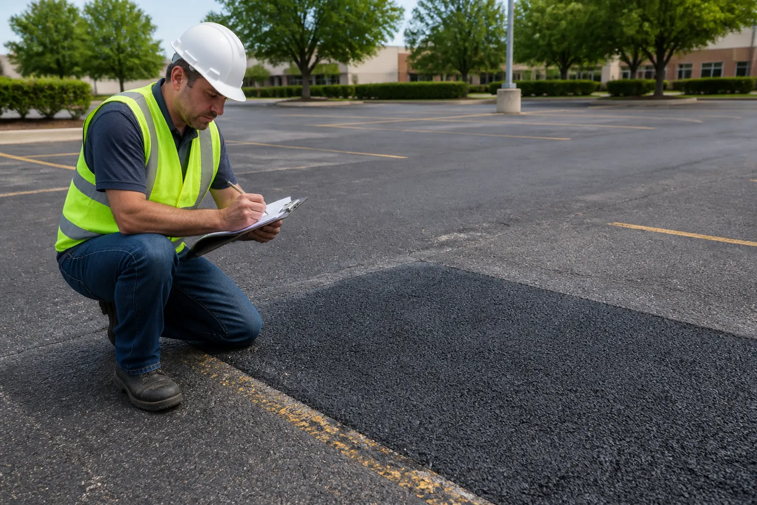 Contractor inspecting commercial asphalt pavement