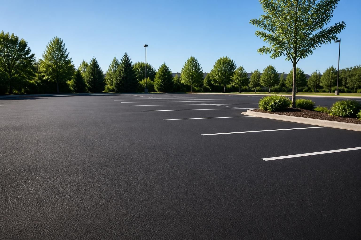 Freshly paved parking lot with smooth dark asphalt